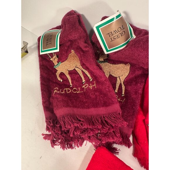 LOT of 7 Red Holiday Hand Towels (Raindeers, Snow Globe, Penguins), New, unused. - Picture 3 of 5